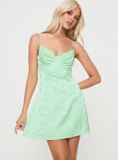 front view of model wearing Princess Polly Dear Me Mini Dress Sage Sweetheart Neckline 