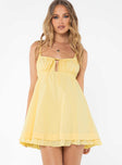 Front view of model wearing  front Princess Polly Square Neck  Empress Of Love Mini Dress Yellow