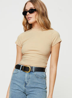 Front view of model wearing  front Princess Polly Short Sleeves Crew Neck  Staton Top Beige