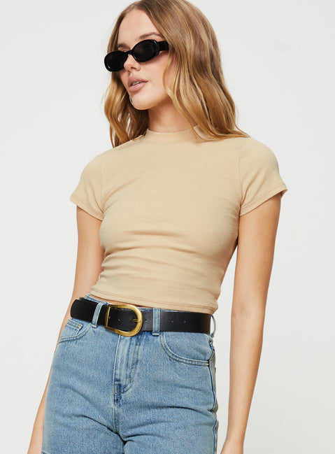 Front view of model wearing  front Princess Polly Short Sleeves Crew Neck  Staton Top Beige