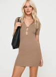 front view of model wearing Princess Polly Theola Mini Dress Brown V-Neck 