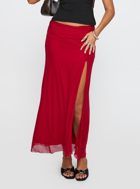   front view of model wearing Princess Polly Quancita Mesh Maxi Skirt Red Maxi 