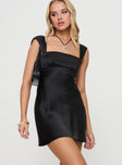 front view of model wearing Princess Polly Radioactive Bias Cut Mini Black Dress Square Neck 