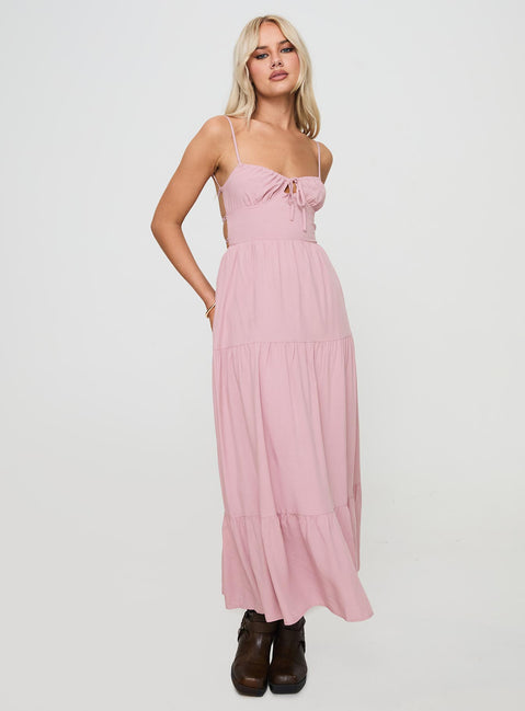 side view of model wearing Princess Polly Juzen Maxi Dress Pink Sweetheart Neckline 