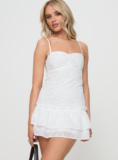 back view of model wearing Princess Polly Harpin Mini Dress White Sweetheart Neckline 