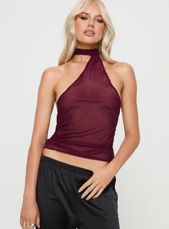 front view of model wearing Princess Polly Lux Tie Top Burgundy Sleeveless High Neck 