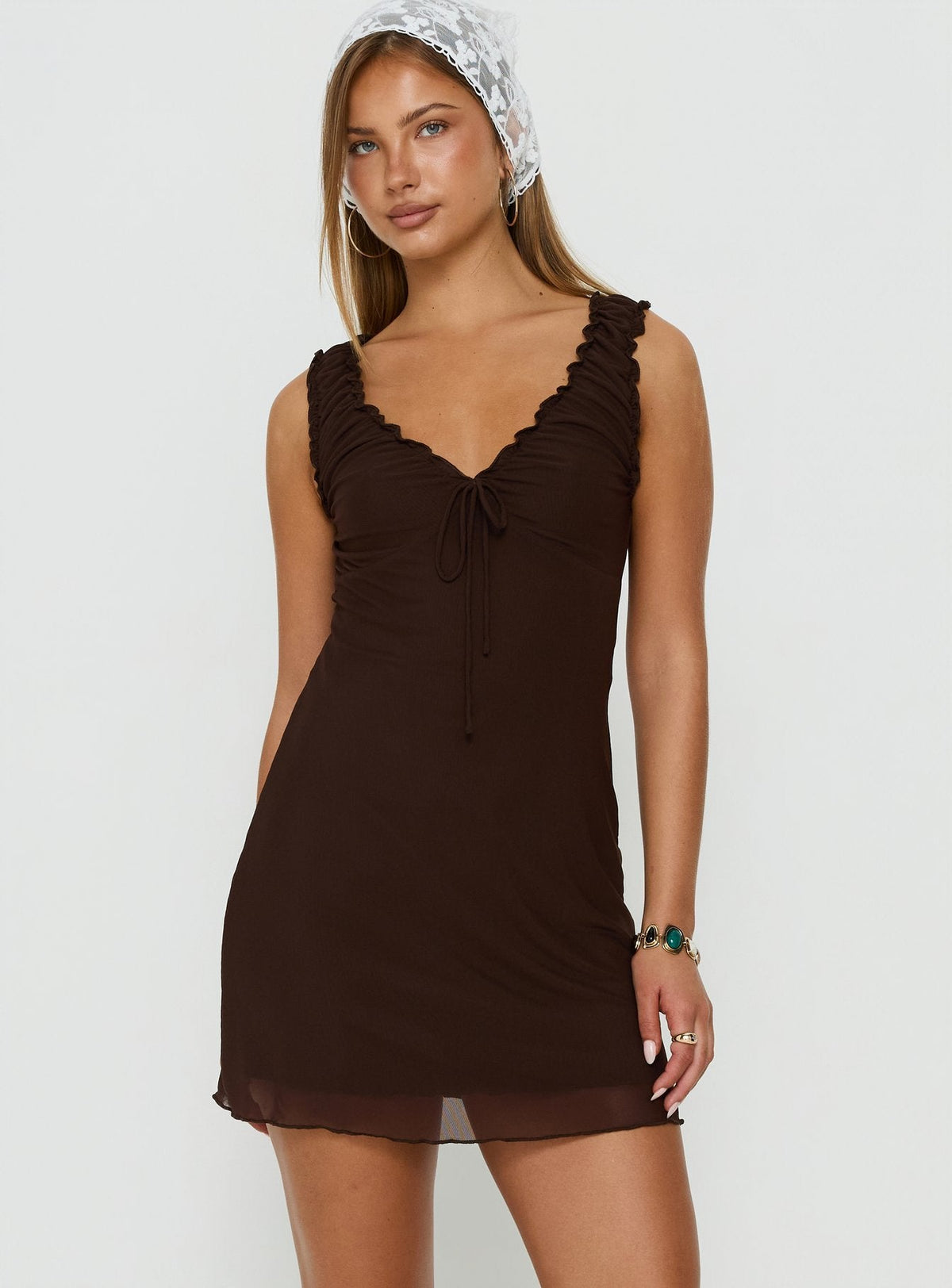 Natalis V-Ausschnitt Minikleid Schokobraun