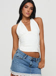 Halter neck top Twist bust tie fastening at back of neck, invisible zip fastening at side Good stretch, fully lined