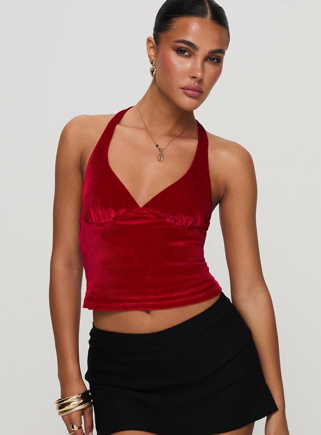 front view of model wearing Princess Polly Tuberose Halter Top Red Sleeveless V-Neck 