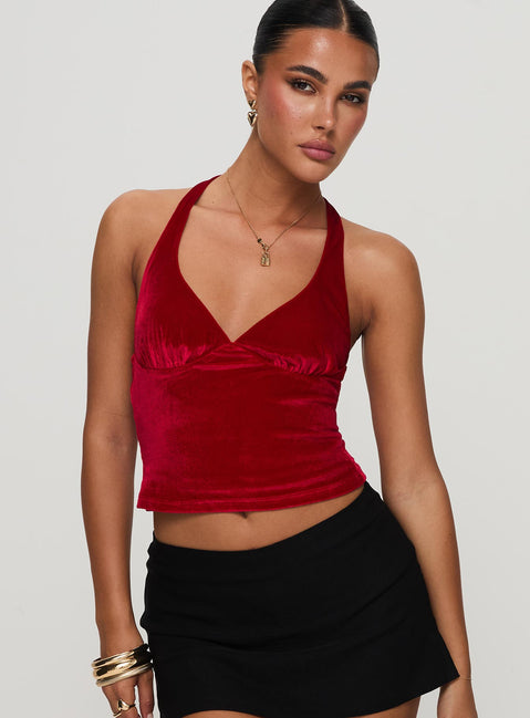 front view of model wearing Princess Polly Tuberose Halter Top Red Sleeveless V-Neck 
