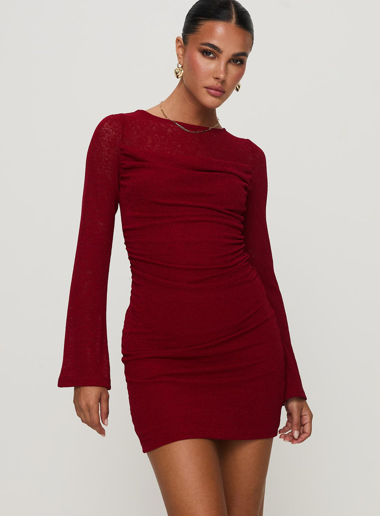 front view of model wearing Princess Polly Epiphany Long Sleeve Mini Dress Burgundy High Neck 