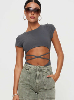 front view of model wearing Princess Polly Nicola Bodysuit Slate Short Sleeves Crew Neck 