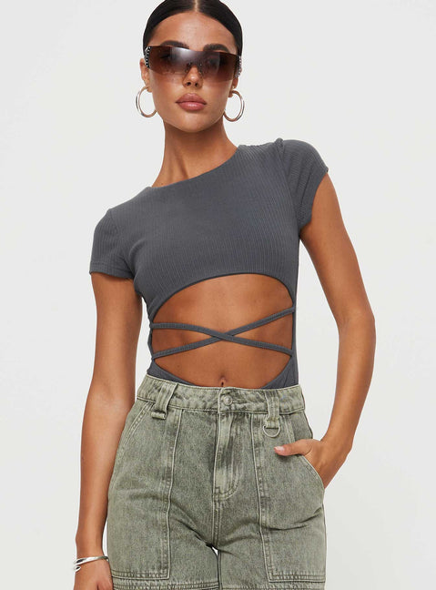 front view of model wearing Princess Polly Nicola Bodysuit Slate Short Sleeves Crew Neck 