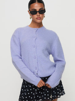 front view of model wearing Princess Polly Alyse Mohair Cardigan Lilac Long 