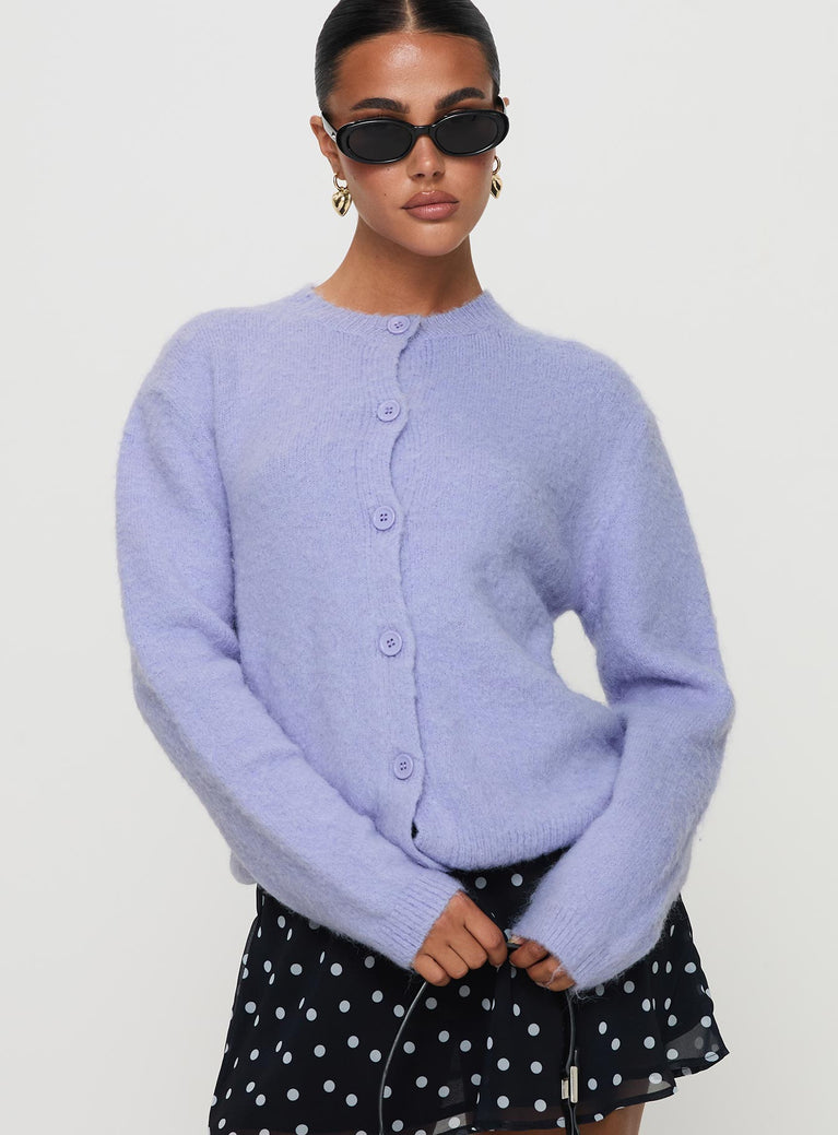 front view of model wearing Princess Polly Alyse Mohair Cardigan Lilac 