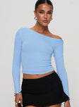 front view of model wearing Princess Polly Malian Long Sleeve Top Blue Full Sleeves Asymmetric Neckline 