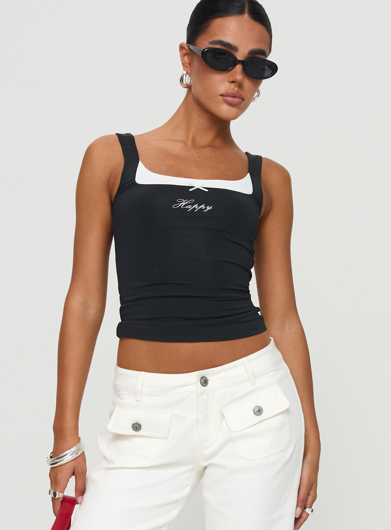 front view of model wearing Princess Polly All My Life Top Black Sleeveless Scoop Neck 