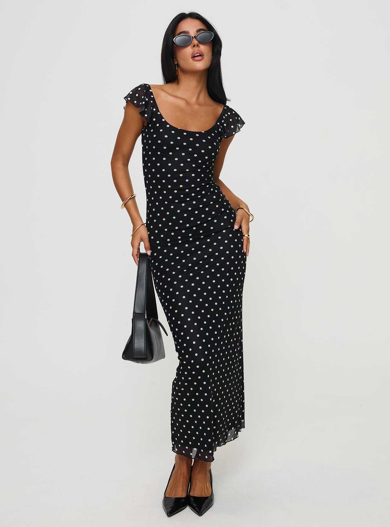 front view of model wearing Princess Polly Sandberg Maxi Dress Black Polka Dot Scoop Neck 