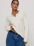 front view of model wearing Princess Polly Autumnal Collared Sweater Cream Long 