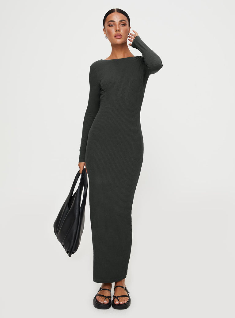 Front view of model wearing  front Princess Polly Asymmetric Neckline  Begala Long Sleeve Maxi Dress Slate