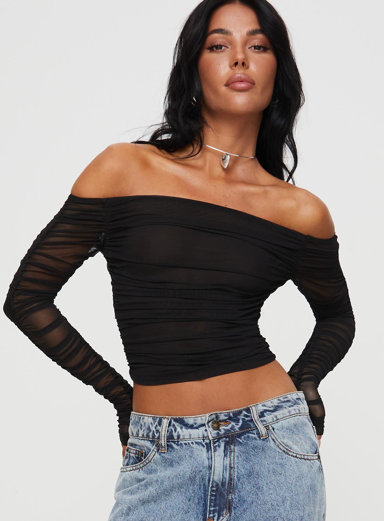 product Princess Polly Full Sleeves Square Neck  Hartford Off The Shoulder Top Black