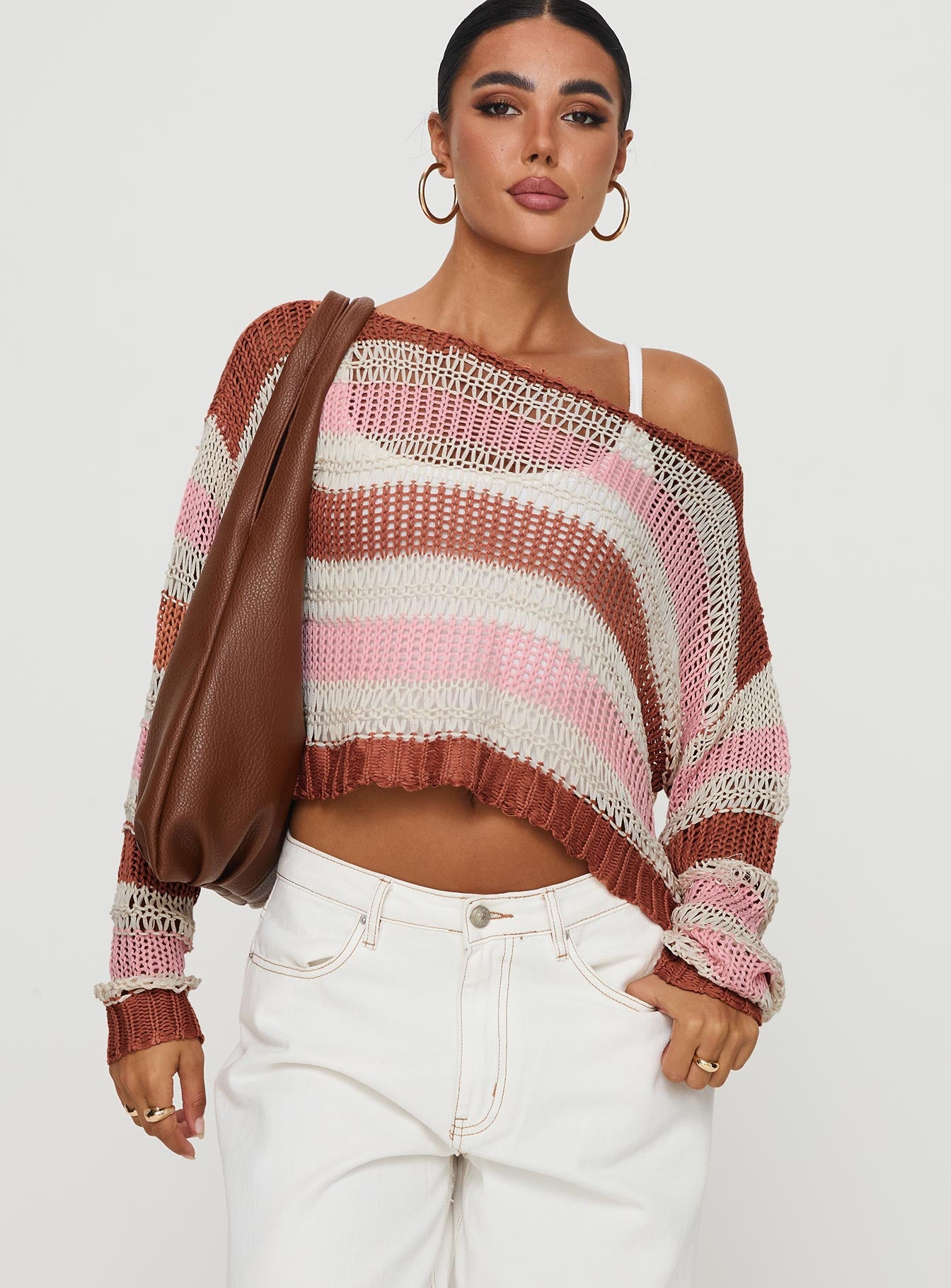 front view of model wearing Princess Polly Perren Sweater Pink / Brown Stripe Cropped 