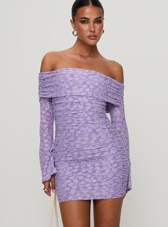 front view of model wearing Princess Polly Intereste Long Sleeve Mini Dress Purple Straight Neck 