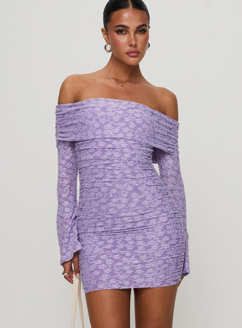 front view of model wearing Princess Polly Intereste Long Sleeve Mini Dress Purple Straight Neck 