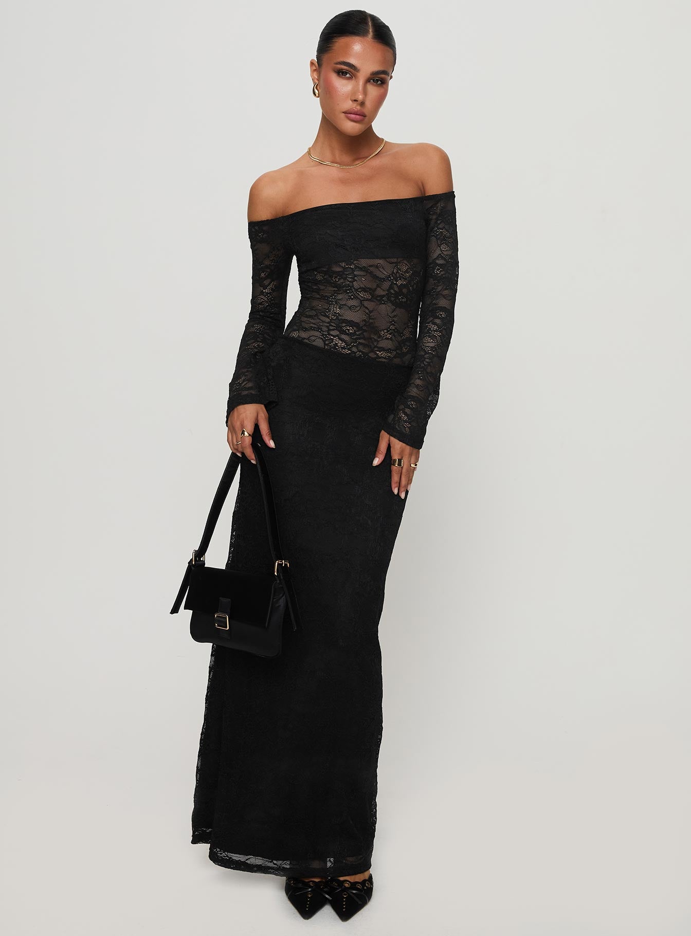 side view of model wearing Princess Polly Pinot Grigio Long Sleeve Lace Maxi Dress Black Straight Neck 