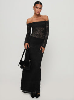 side view of model wearing Princess Polly Pinot Grigio Long Sleeve Lace Maxi Dress Black Straight Neck 