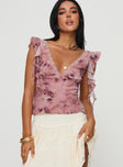 Top  V neckline, floral print, lace trim, frill detail, invisible zip fastening Non-stretch material, fully lined 