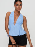 front view of model wearing Princess Polly Saddler Halter Top Blue Sleeveless Plunger 