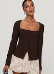 front view of model wearing Princess Polly Gaskin Long Sleeve Top Brown Full Sleeves Square Neck 