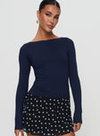 front view of model wearing Princess Polly Nikoli Long Sleeve Top Navy Full Sleeves Boat Neck 