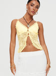 front view of model wearing Princess Polly Juliana Top Light Yellow Lace Sleeveless V-Neck 