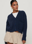 front view of model wearing Princess Polly Osias Cable Knit Cardigan Navy Cropped 