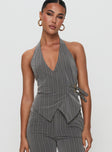 front view of model wearing Princess Polly Calexico Buckle Halter Top Grey Pinstripe Sleeveless V-Neck 