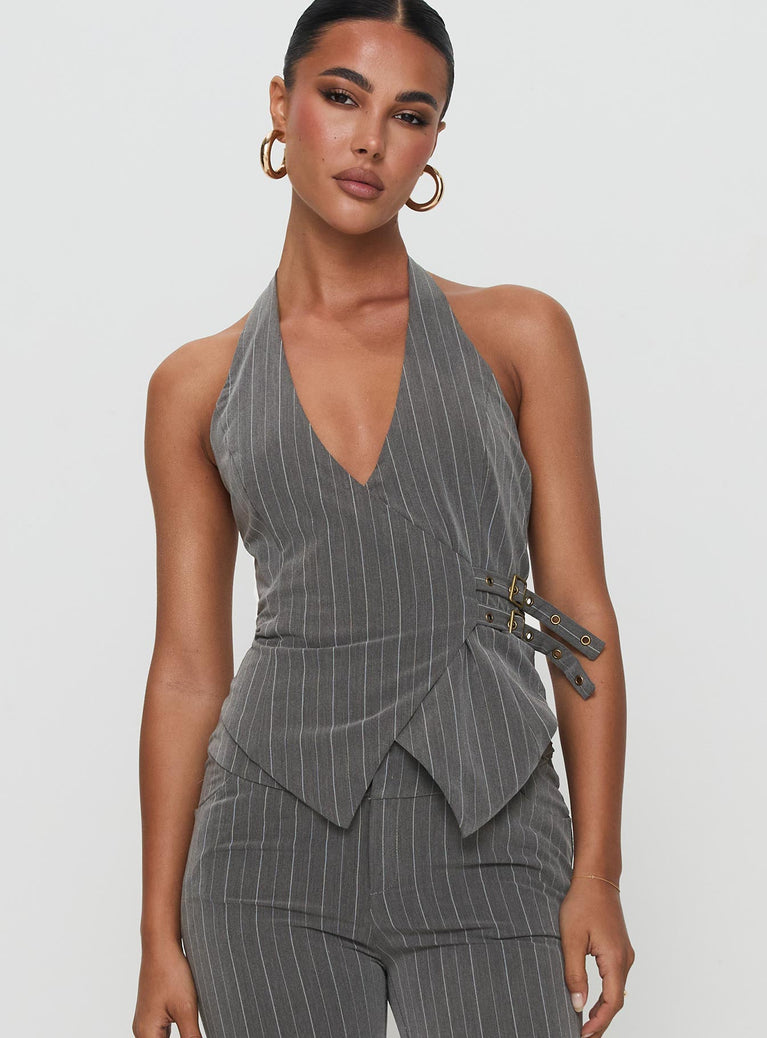 front view of model wearing Princess Polly Calexico Buckle Halter Top Grey Pinstripe Sleeveless V-Neck 