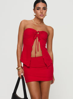 Two piece set Strapless crop top, inner silicone strip, adjustable cut out wit tie fastening, split hem Low rise mini skirt  Good stretch, fully lined Princess Polly Lower Impact