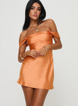 front view of model wearing Princess Polly Zabbarra Off The Shoulder Mini Dress Orange Straight Neck 