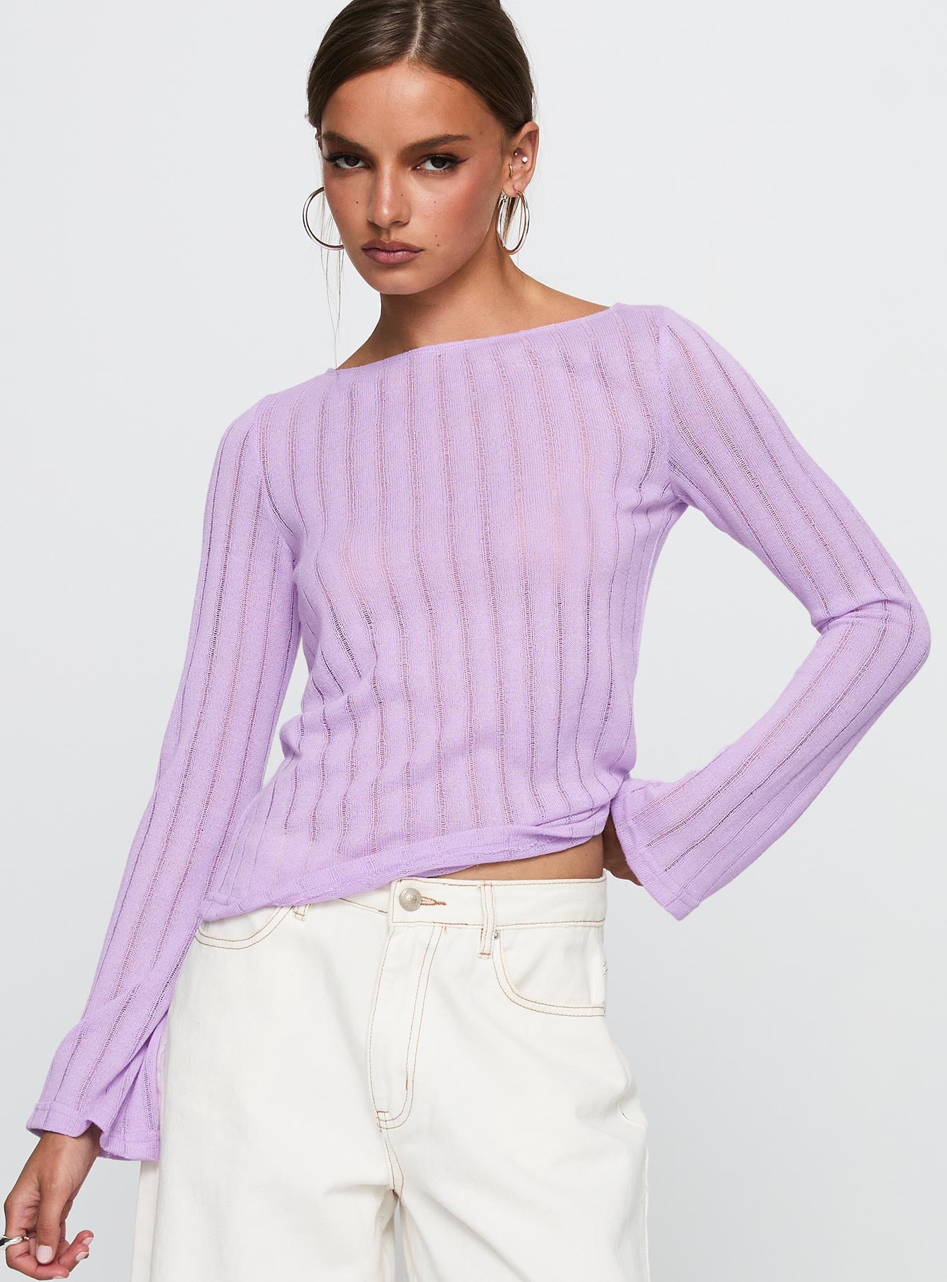 front view of model wearing Princess Polly Tuppence Ribbed Long Sleeve Top Lilac Full Sleeves Full Sleeves Boat Neck Boat Neck 