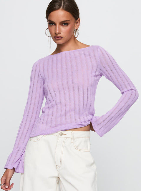 front view of model wearing Princess Polly Tuppence Ribbed Long Sleeve Top Lilac Full Sleeves Full Sleeves Boat Neck Boat Neck 