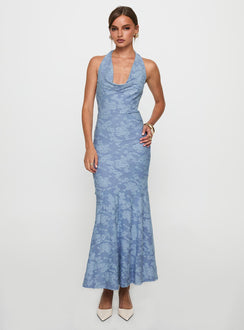 front view of model wearing Princess Polly Aymie Halter Maxi Dress Blue Cowl Neck 