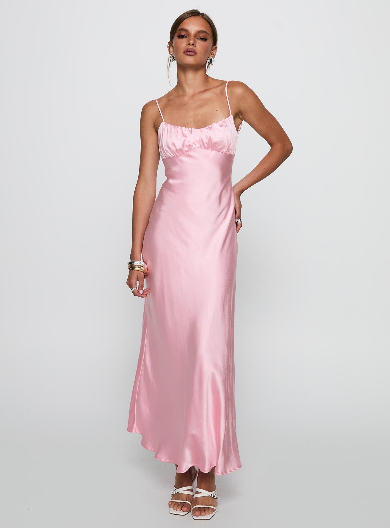 front view of model wearing Princess Polly Penelopi Maxi Dress Pink Sweetheart Neckline 
