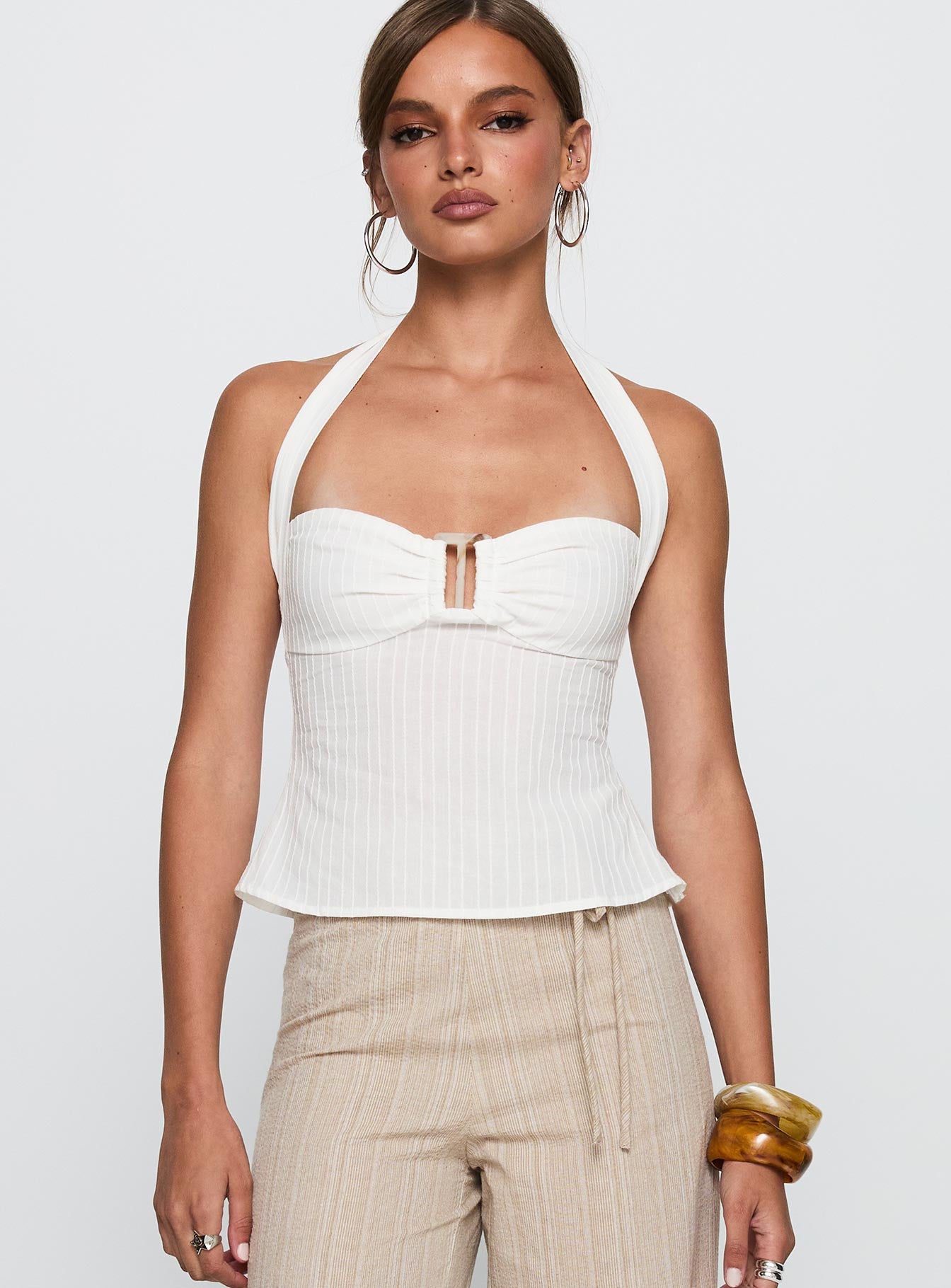 front view of model wearing Princess Polly Isabetta Halter Top White Sleeveless Sweetheart 