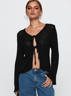 front view of model wearing Princess Polly Swain Knit Cardigan Black Cropped Jumpers 