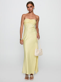 front view of model wearing Princess Polly Chevalier Strapless Maxi Dress Lemon Sweetheart Neckline 