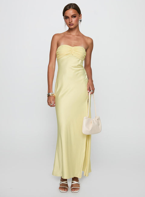 front view of model wearing Princess Polly Chevalier Strapless Maxi Dress Lemon Sweetheart Neckline 