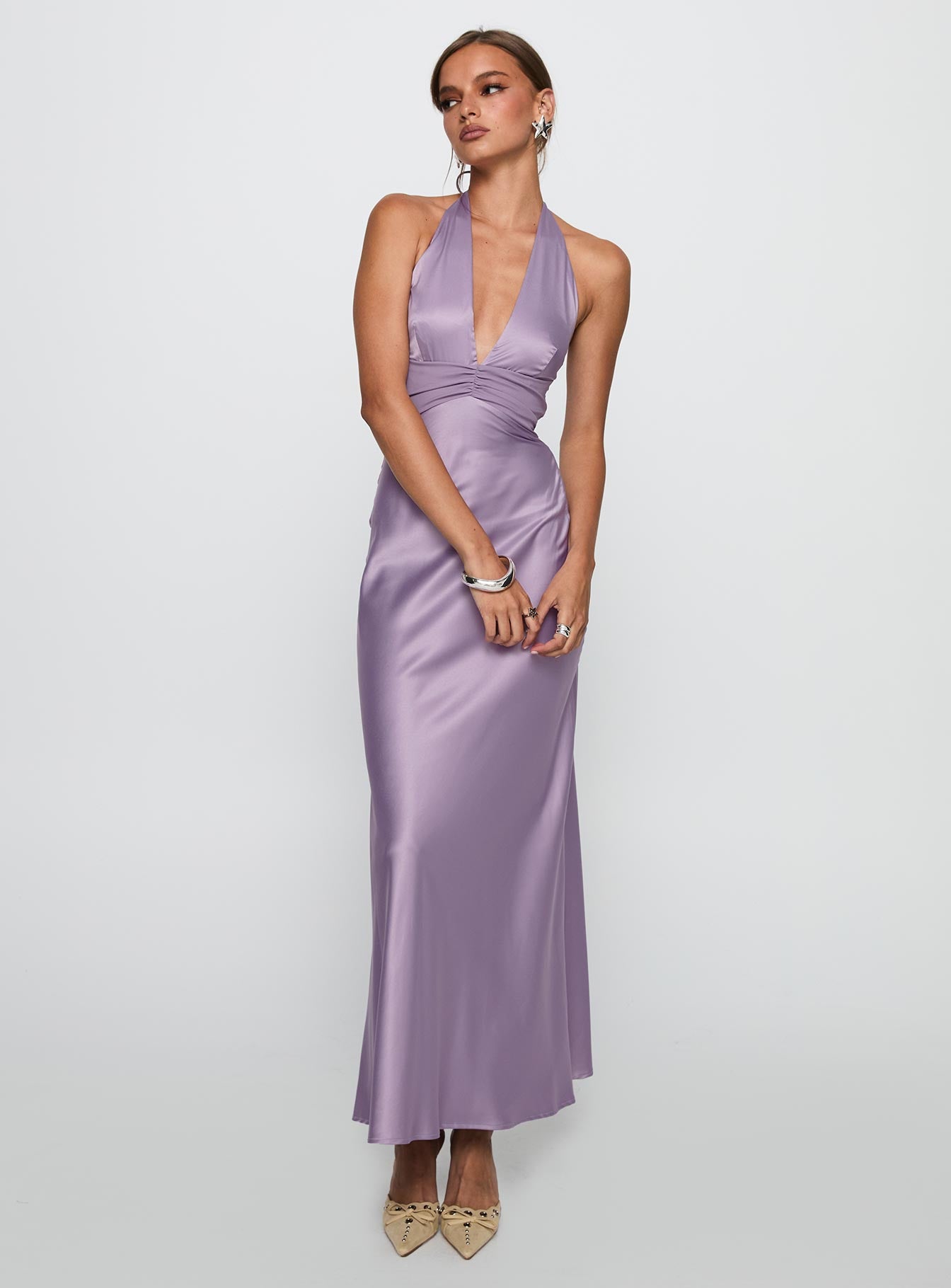 front view of model wearing Princess Polly Rousseau Halter Maxi Dress Mauve Plunger 
