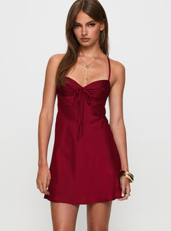 back view of model wearing Princess Polly Glendon Mini Dress Burgundy Sweetheart Neckline 